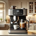 A modern combo espresso and coffee maker brewing both espresso and a pot of coffee on a stylish kitchen counter. A modern combo espresso and coffee maker brewing both espresso and a pot of coffee on a stylish kitchen counter.