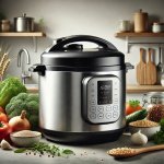 A top-rated pressure cooker on a modern kitchen counter, showcasing its sleek design and functionality. A top-rated pressure cooker on a modern kitchen counter, showcasing its sleek design and functionality.