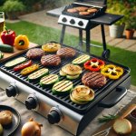 Grill griddle combo cooking burgers and vegetables. Grill griddle combo cooking burgers and vegetables.