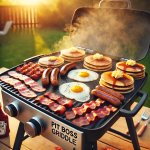 Pit Boss griddle cooking breakfast outdoors. Pit Boss griddle cooking breakfast outdoors.
