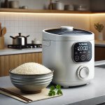 A sleek Toshiba Mini Rice Cooker placed on a kitchen countertop with freshly cooked rice in a bowl beside it.