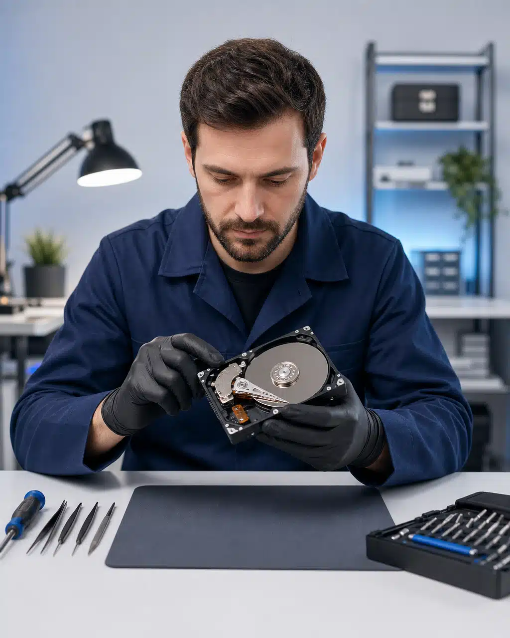 Technician examining a hard drive on a clean workbench
