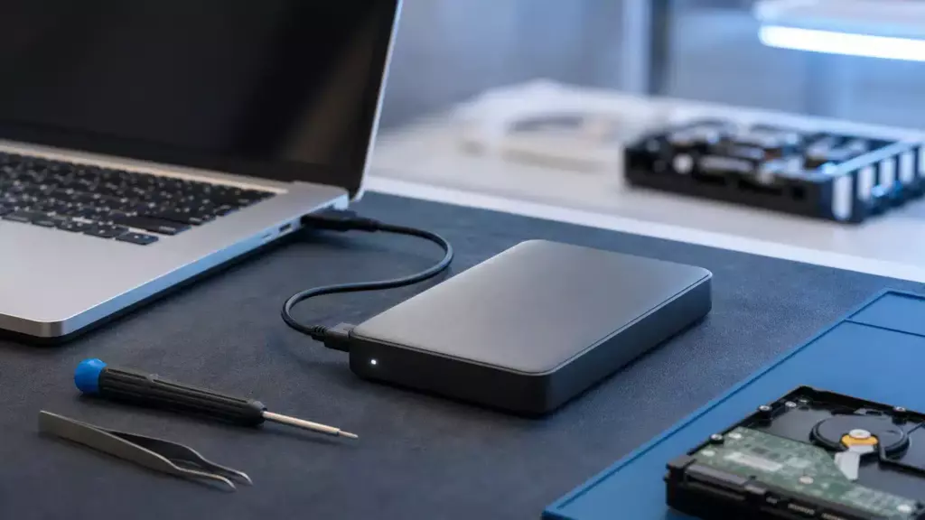 External hard drive connected for diagnostic recovery work